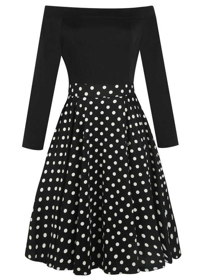 oxiuly Women's Vintage Polka Dot Slash Neck Long Sleeve Casual Pockets Swing Dress OX232 (XL, Black dot 9) - Image 3